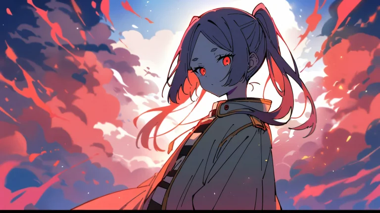 A young girl stands solo on a perfectly clean and vast pure void, looking directly at the viewer. Her bright red attire contrasts with the deep blues of the sky.