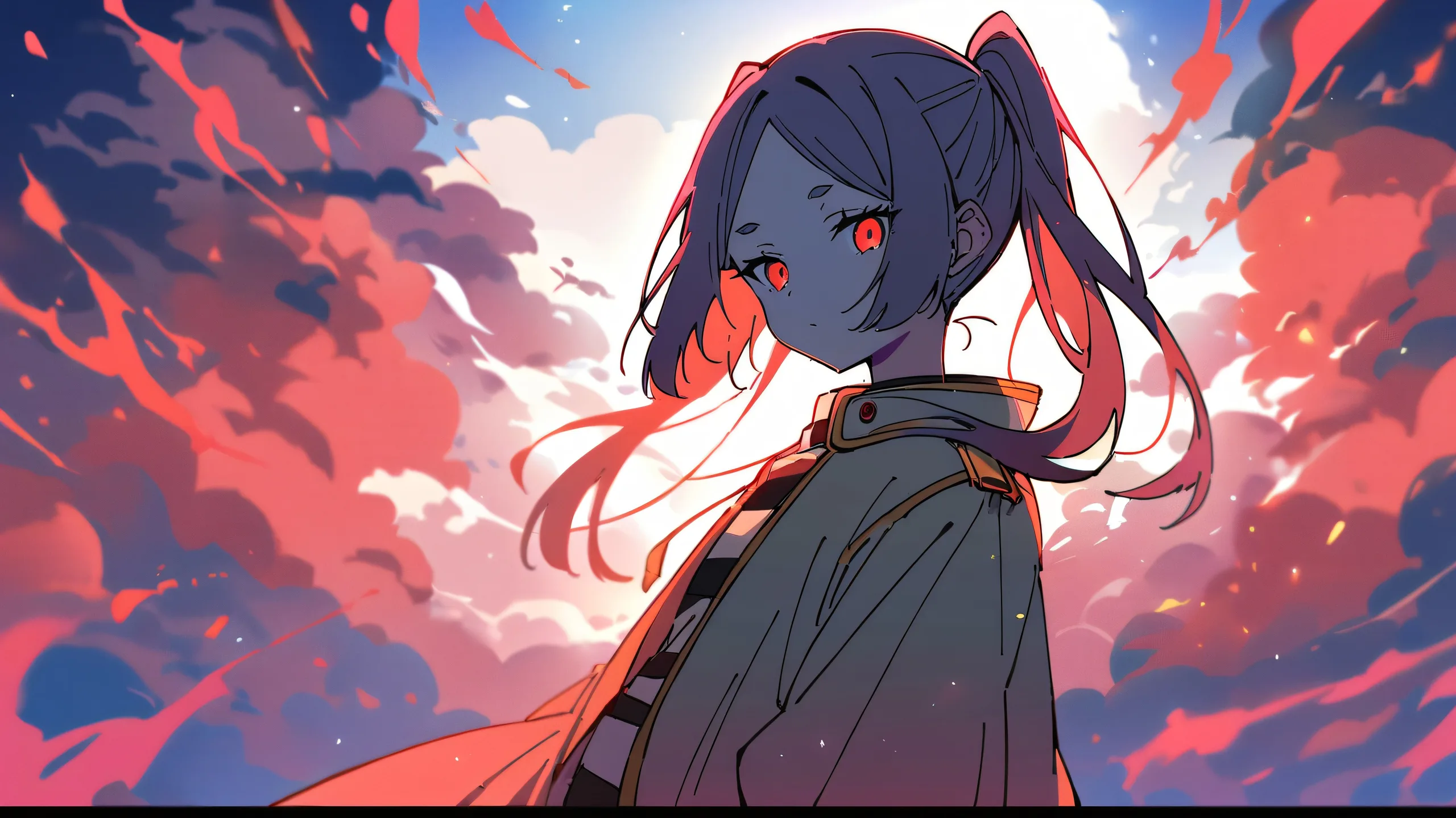 A young girl stands solo on a perfectly clean and vast pure void, looking directly at the viewer. Her bright red attire contrasts with the deep blues of the sky.