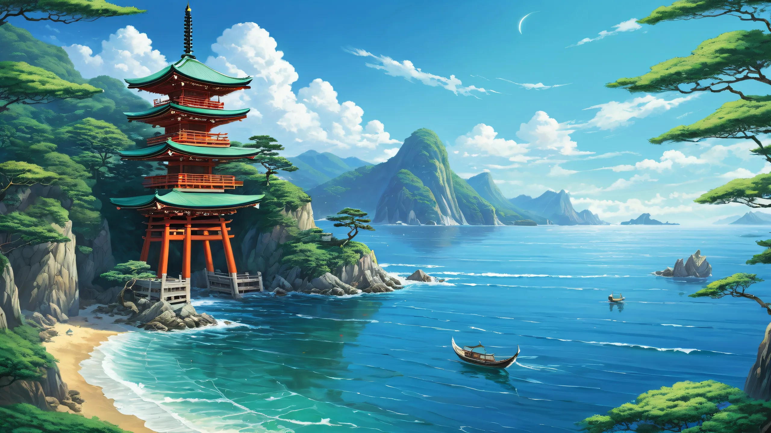 A serene desktop image of a Shinto shrine set amidst an oceanic void, with waves crashing against the cliffs. Ideal for Desktop/PC.