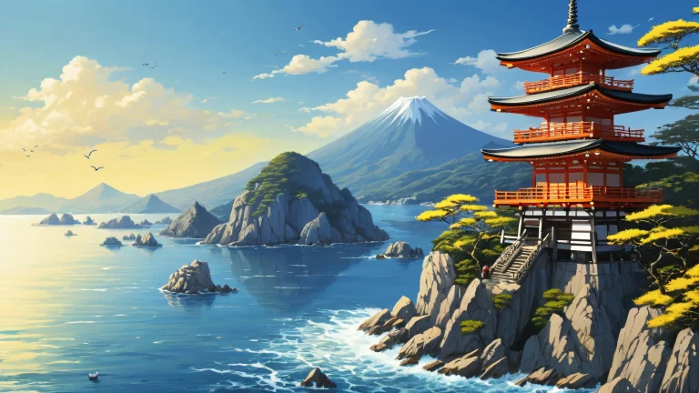 Breathtaking Shinto shrine desktop wallpaper with a rocky cliff overlooking the ocean for your PC or Desktop.