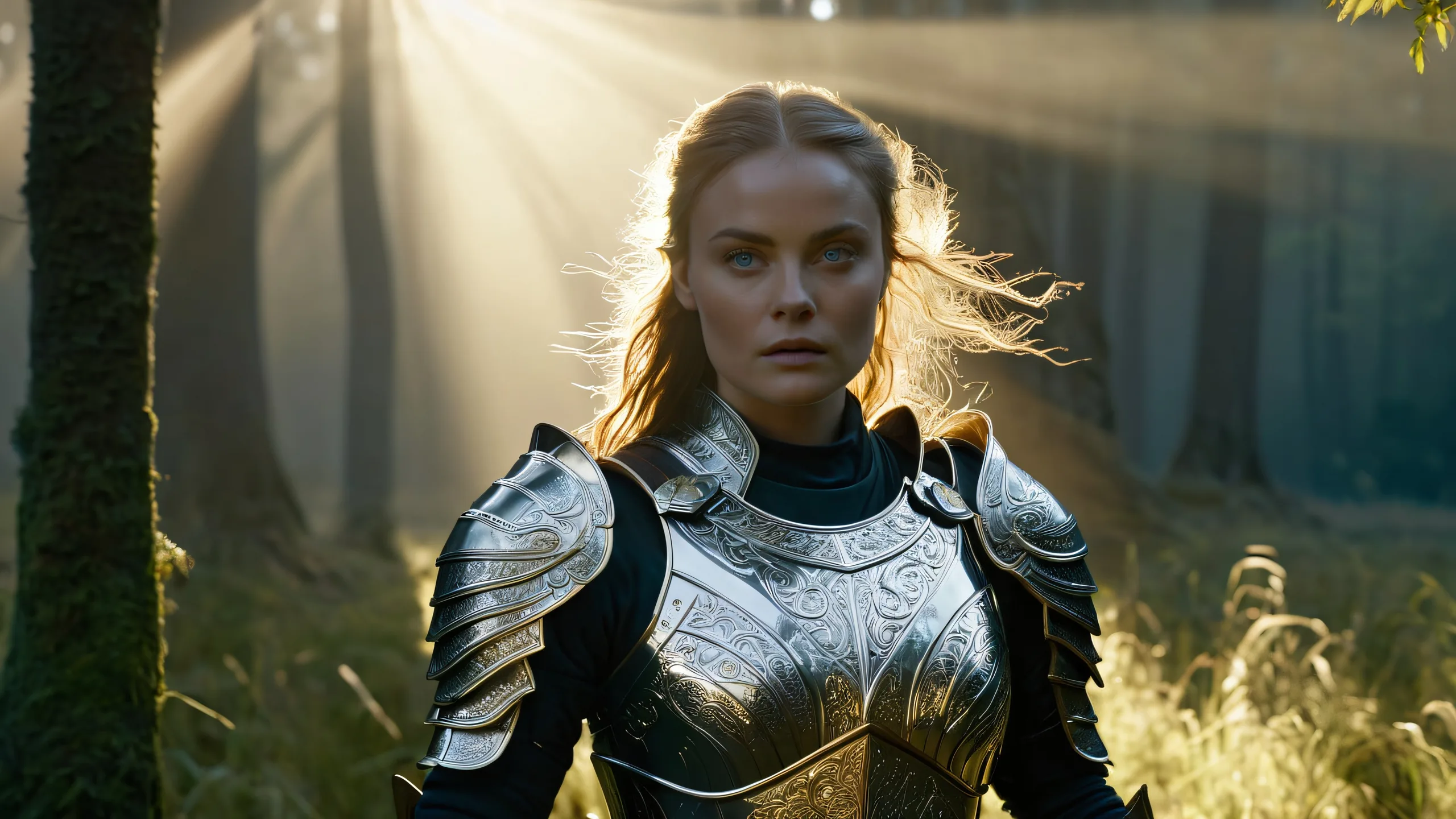 A young woman in silver armor stands in a misty forest glade at dawn, with a sword and warm sunlight. For Desktop/PC.