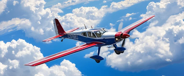 Single-engine propeller aircraft soaring in the pure void against rich blue sky, with dramatic white cumulus clouds and deep red tones.