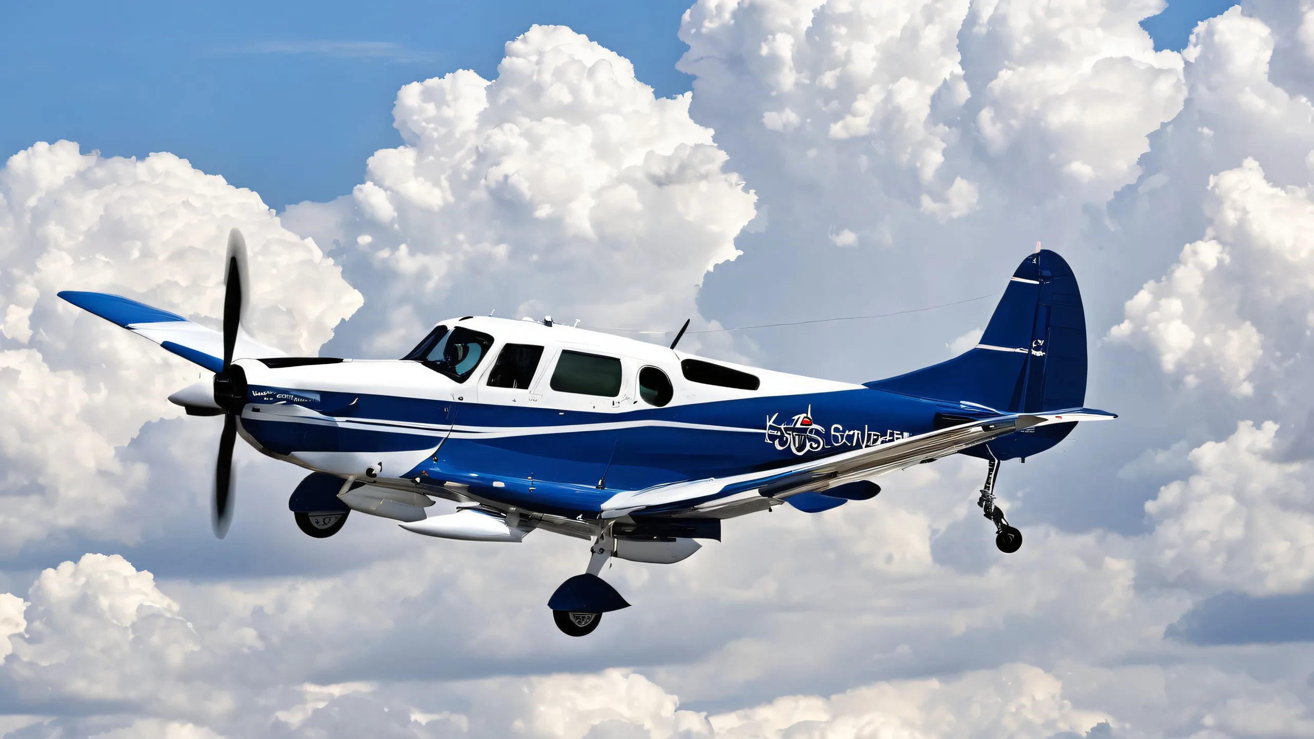 Epic Breathtaking Propeller Landing Desktop Wallpaper A dramatic desktop wallpaper of a single-engine propeller aircraft landing on a runway, set against a rich blue sky with dramatic towering white cumulus clouds and a low horizon.