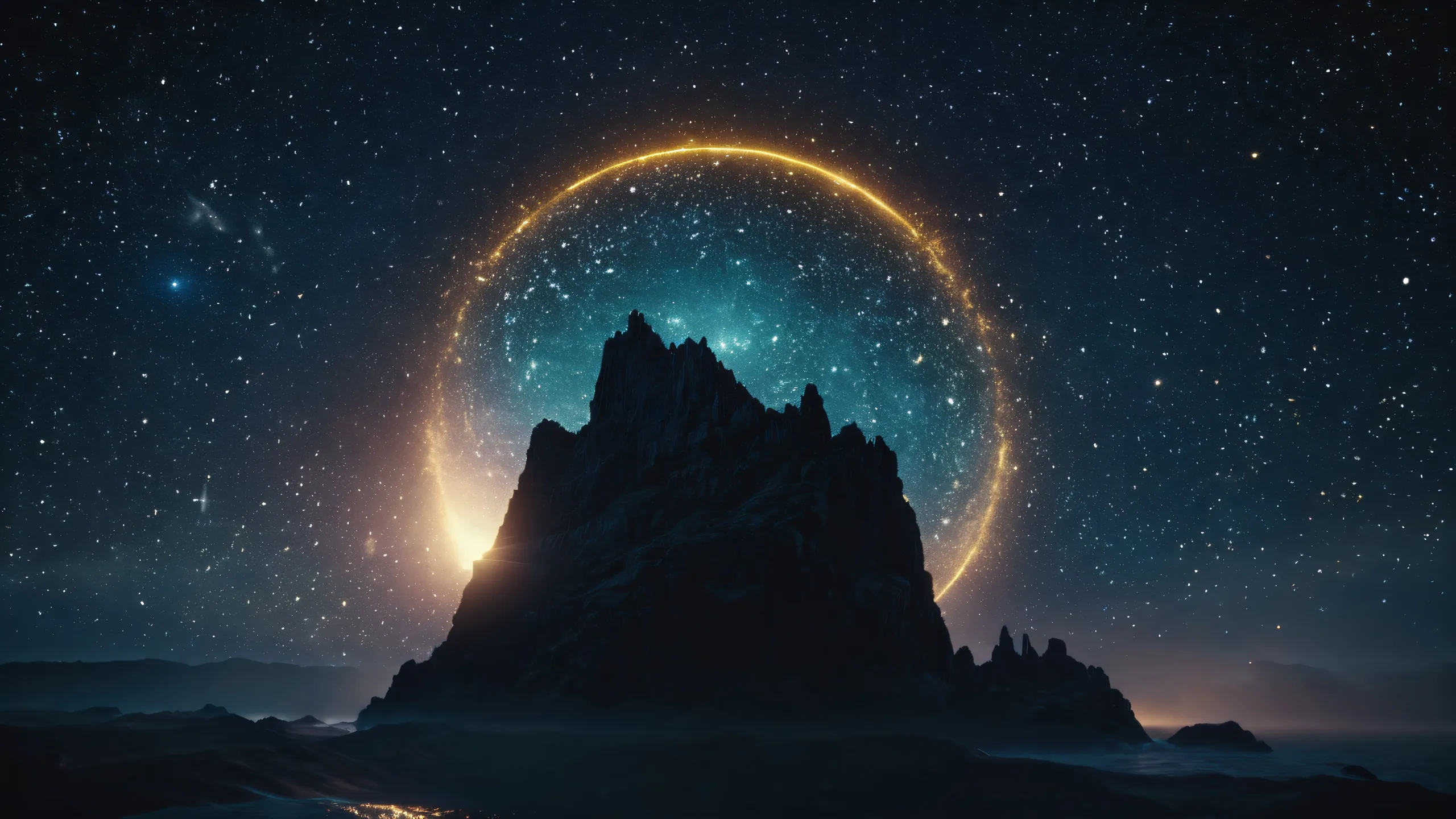 A mystical siren emerges from the midnight sky with celestial features, set against a backdrop of distant nebulae and shimmering gold hues.