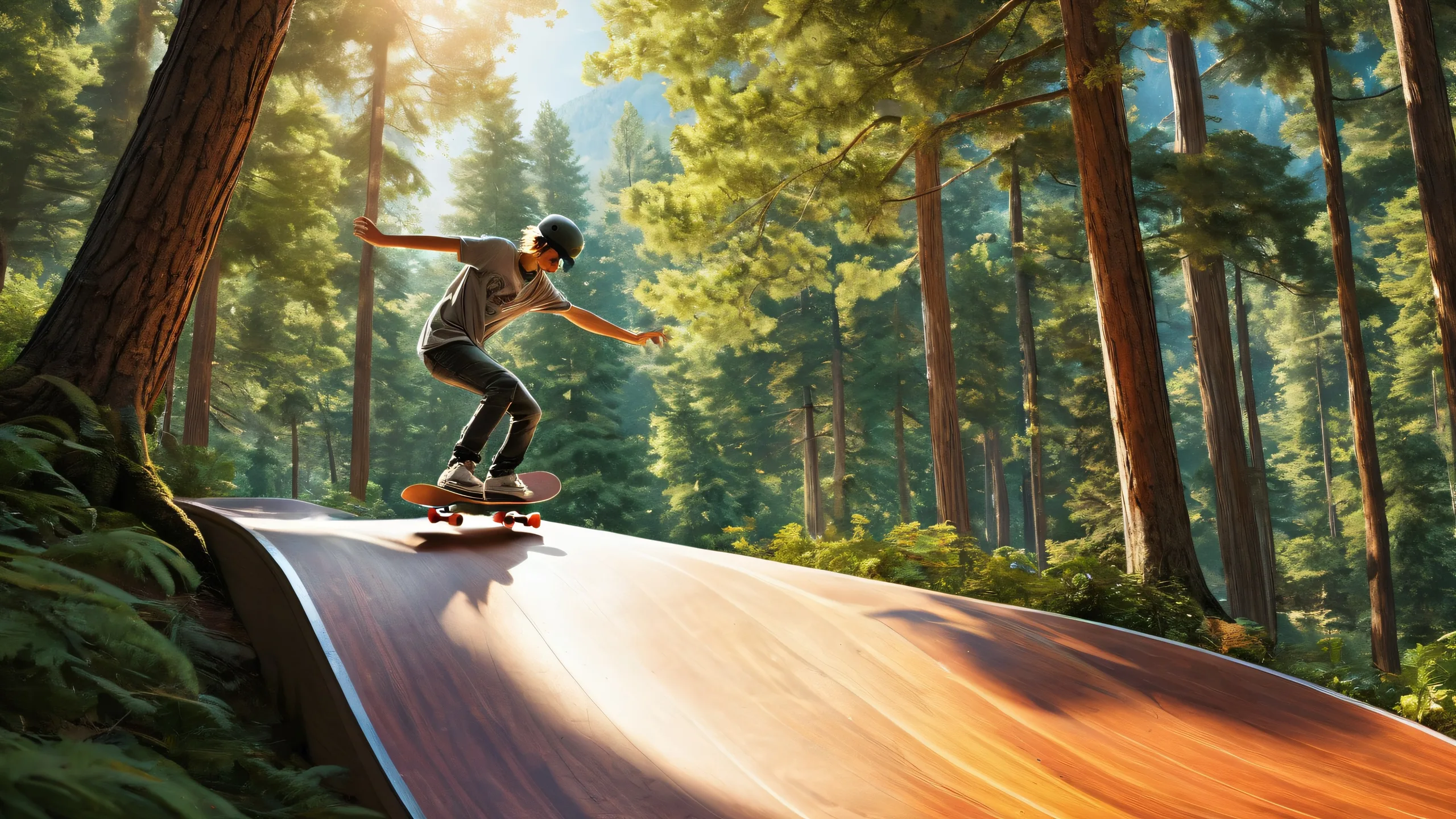 A serene desktop wallpaper of a skateboarder in a vast pure void, surrounded by wood and trees on a Desktop/PC.