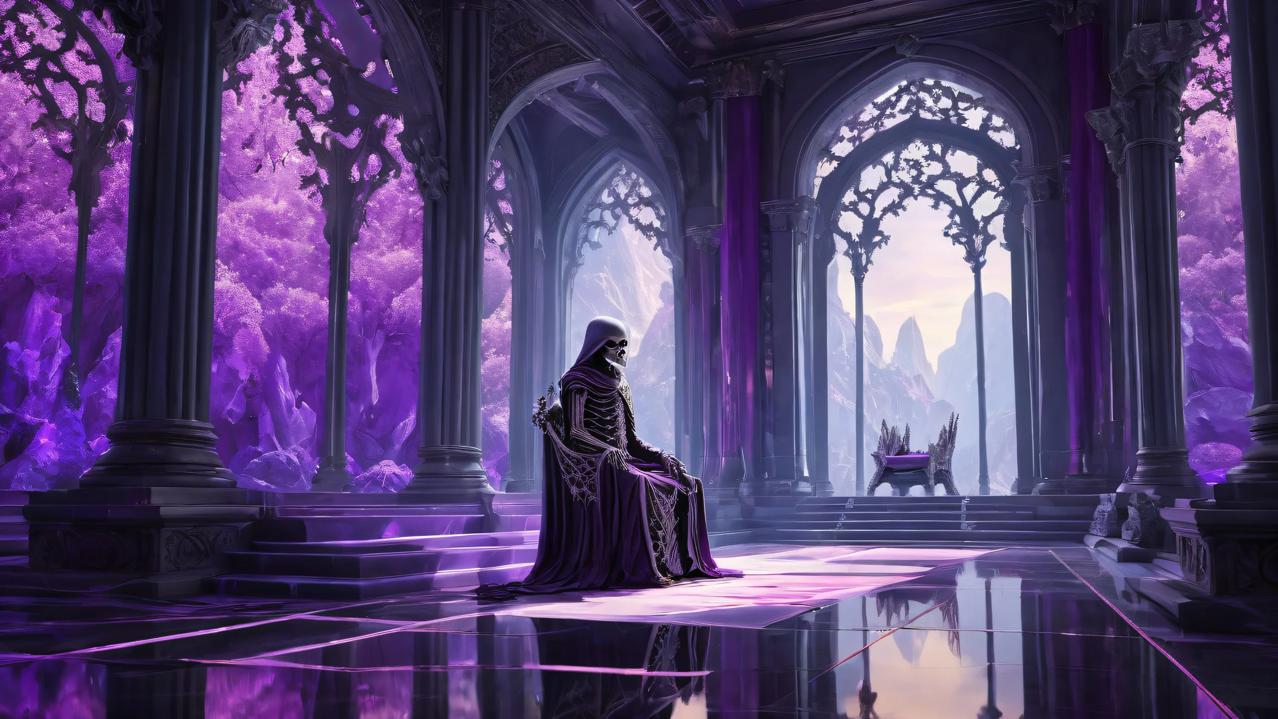 A majestic skeletal figure sits upon an ancient throne in a vast pure void, surrounded by radiant brilliant colors and ethereal lighting on a desktop/pc.