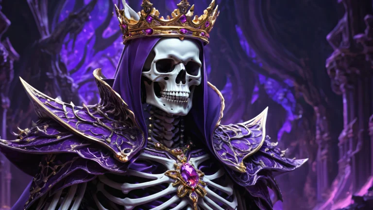 A majestic skeleton king sitting on a dark purple void, perfect for desktop/pc screens