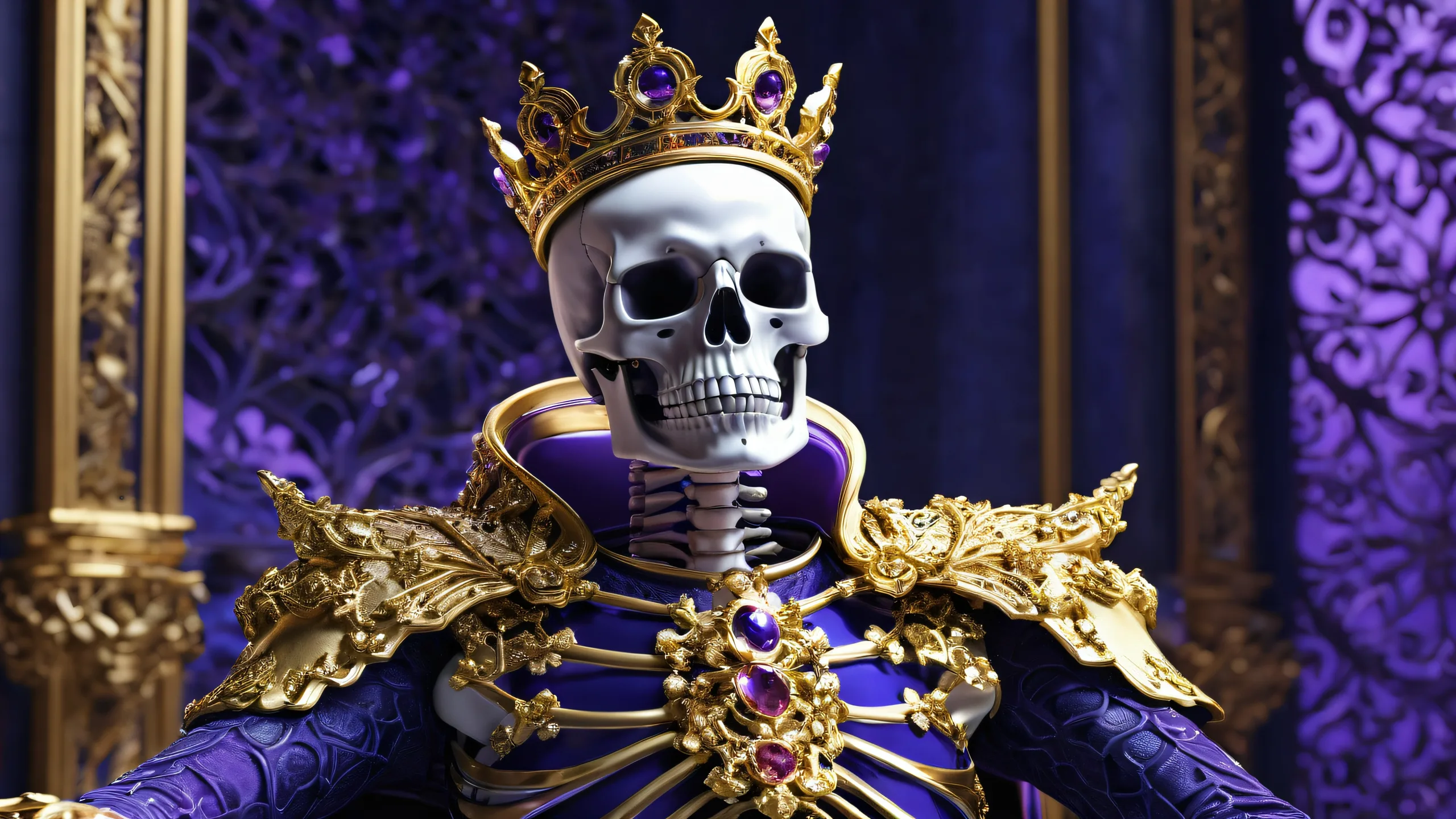 Skeleton King desktop wallpaper with radiant colors and reflections on a pure void background, suitable for PC or Desktop use.