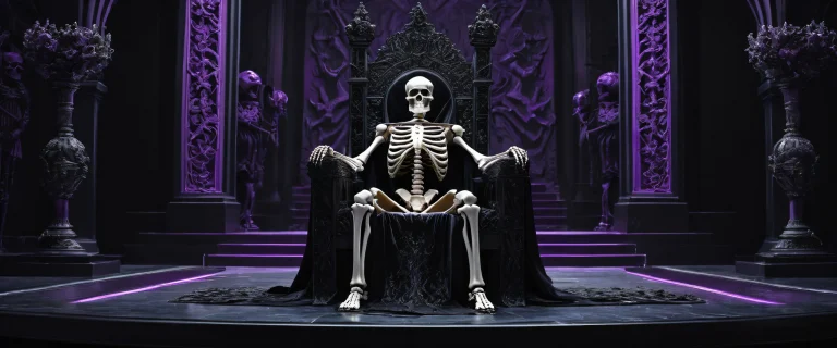 A majestic desktop wallpaper of the Skeleton King's throne room on a dark mode background, suitable for Desktop/PC use.