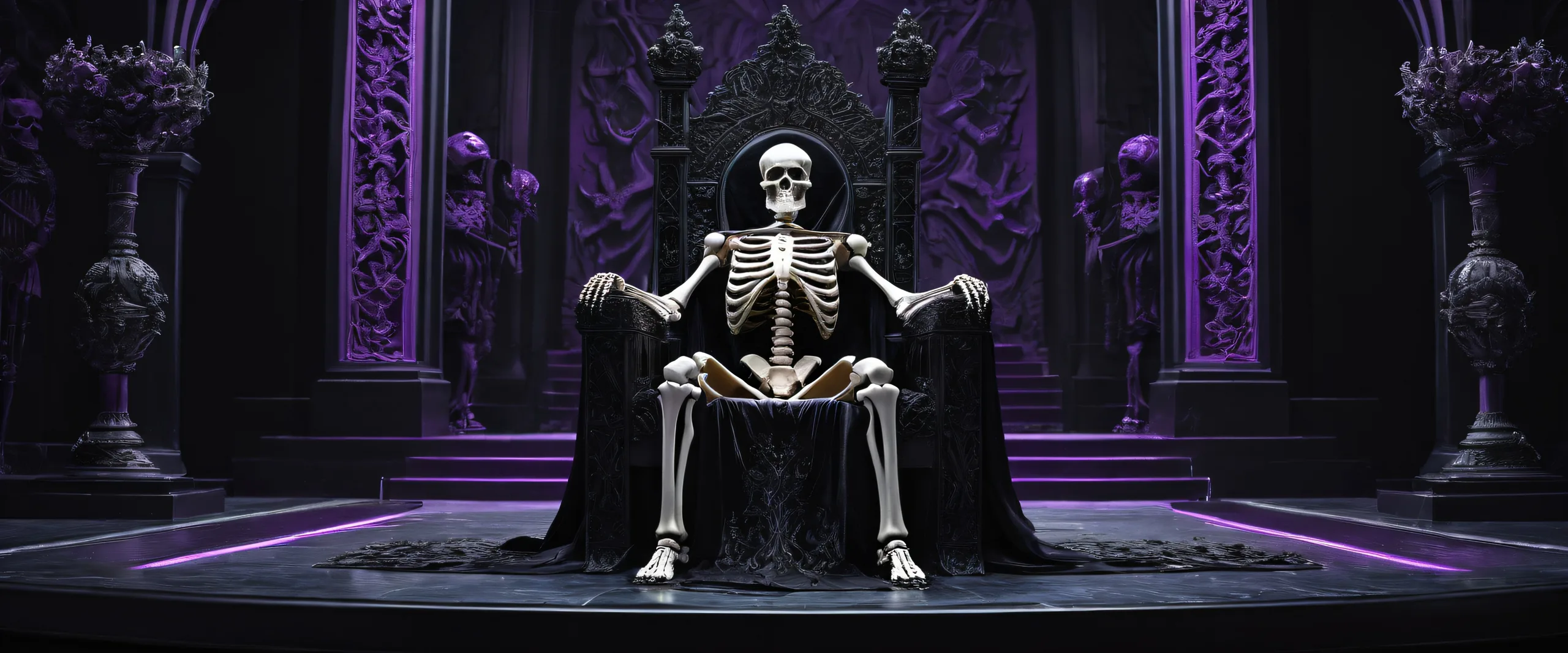 A majestic desktop wallpaper of the Skeleton King's throne room on a dark mode background, suitable for Desktop/PC use.