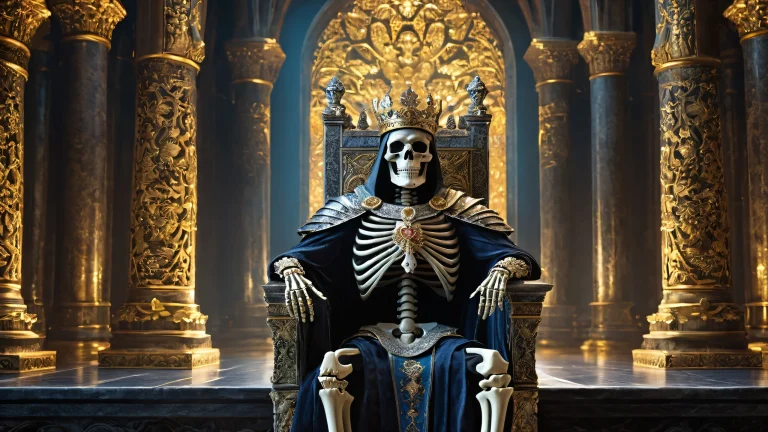 A majestic skeleton king sits upon his ancient throne in a vast, pure void on a desktop or PC.