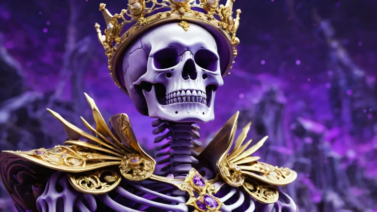 The Skeleton King sitting upon a throne in a vast, pur vide, surrounded by radiant colors and ethereal lighting, parfait pour un ordinateur de bureau ou un PC.