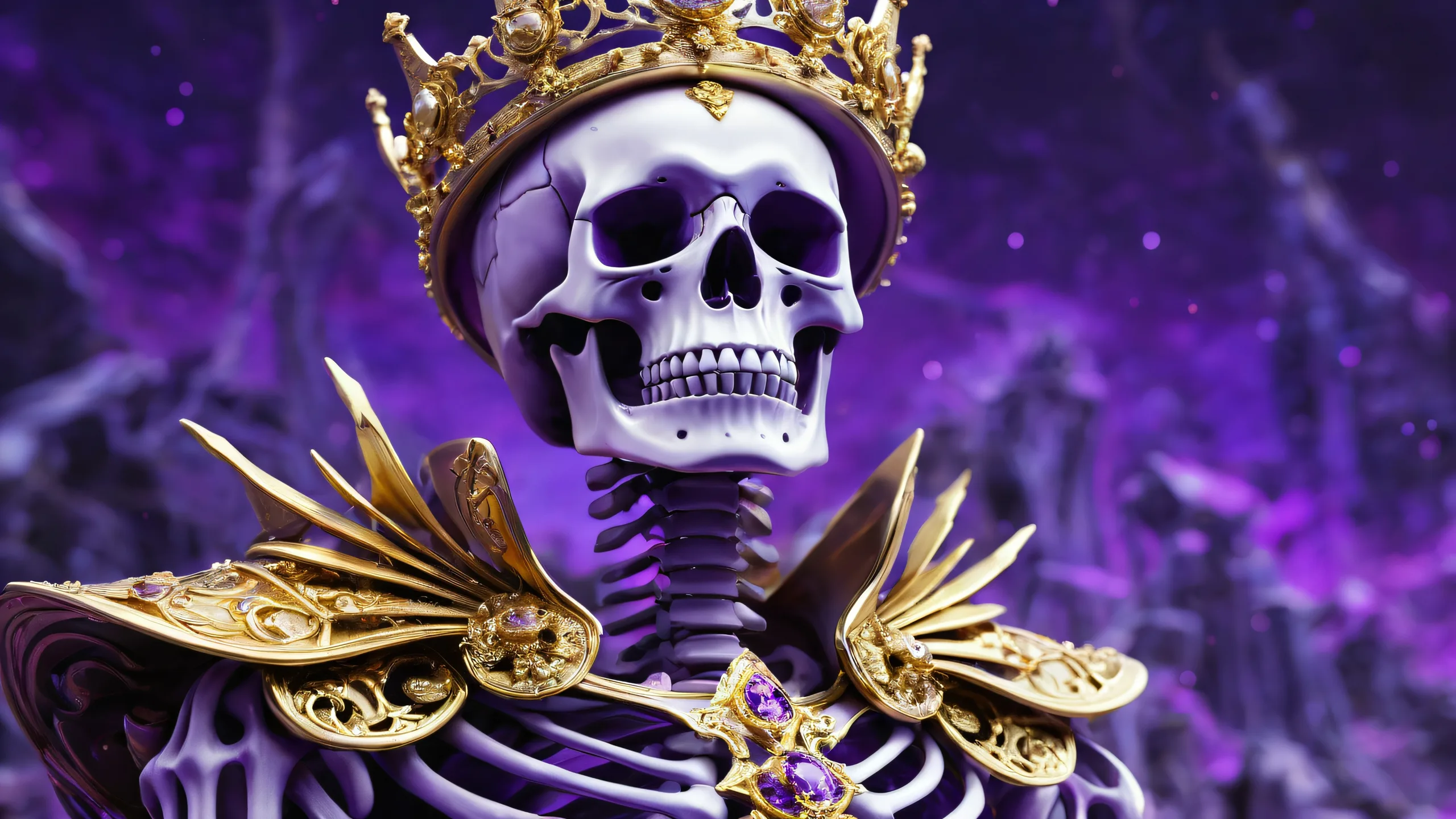 The Skeleton King sitting upon a throne in a vast, pure void, surrounded by radiant colors and ethereal lighting, perfect for a desktop or PC.