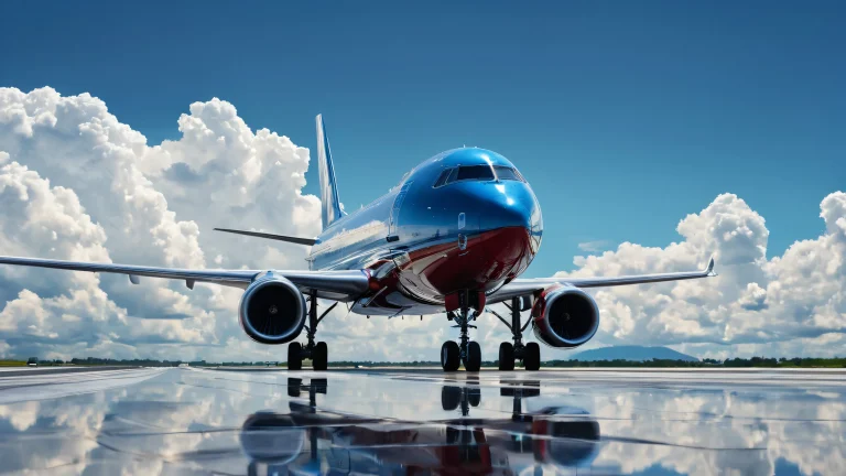 Airplane on a wet runway with cumulus clouds against a blue sky for desktop/pc