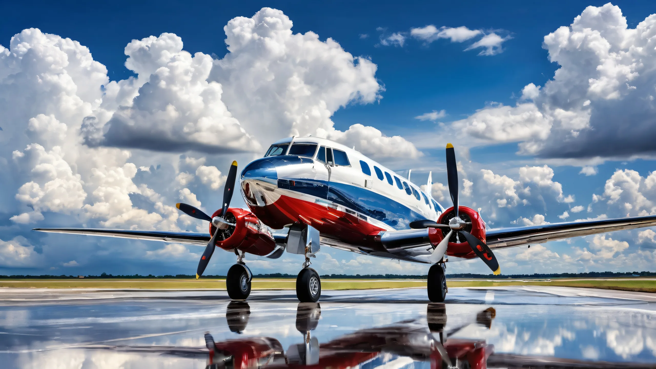 Propeller aircraft on a wet runway/tarmac with mirror reflection and white cumulus clouds against a blue sky. Desktop/PC background.