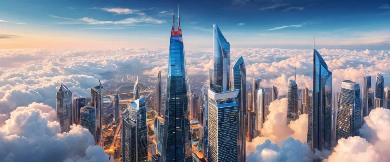 Breathtaking desktop wallpaper of a skyscraper amidst clouds on a pristine Desktop/PC background, perfect for macOS and ultrawide displays.