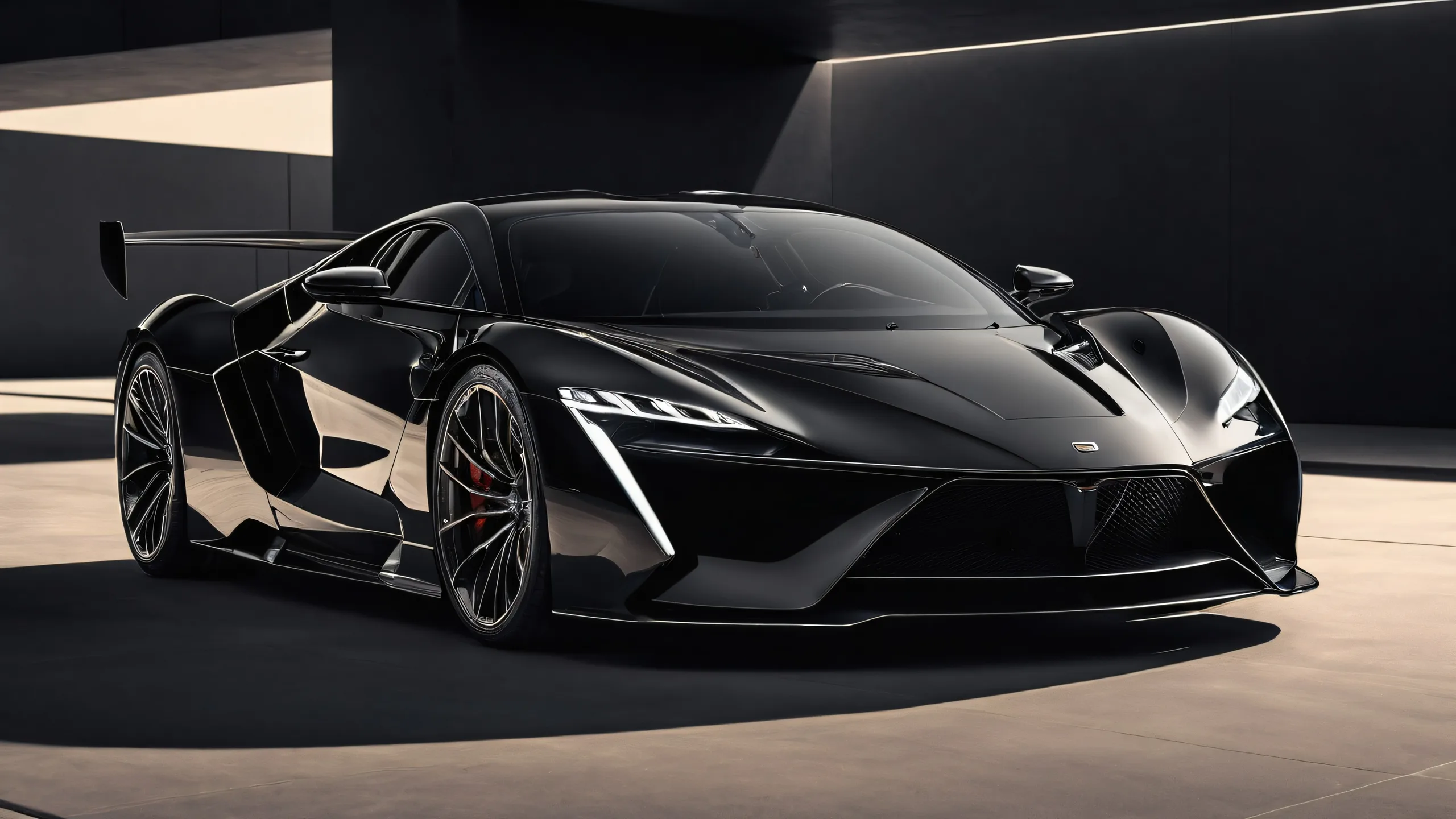 A sleek car against a pure void on a desktop/pc with deep blacks and luminescent accents.