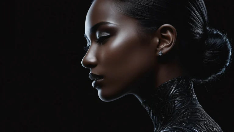 Feminine profile in a vast pure void on a desktop/pc, emphasizing presence with subtle gradient and deep blacks.