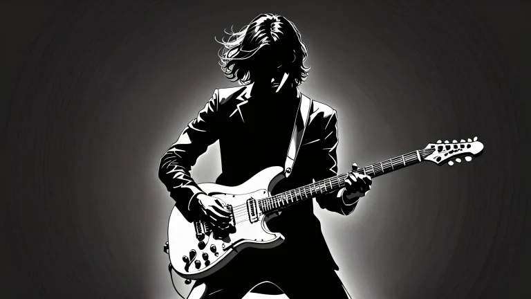 Illustration de guitare minimaliste sur un bureau noir profond pour PC ou Mac