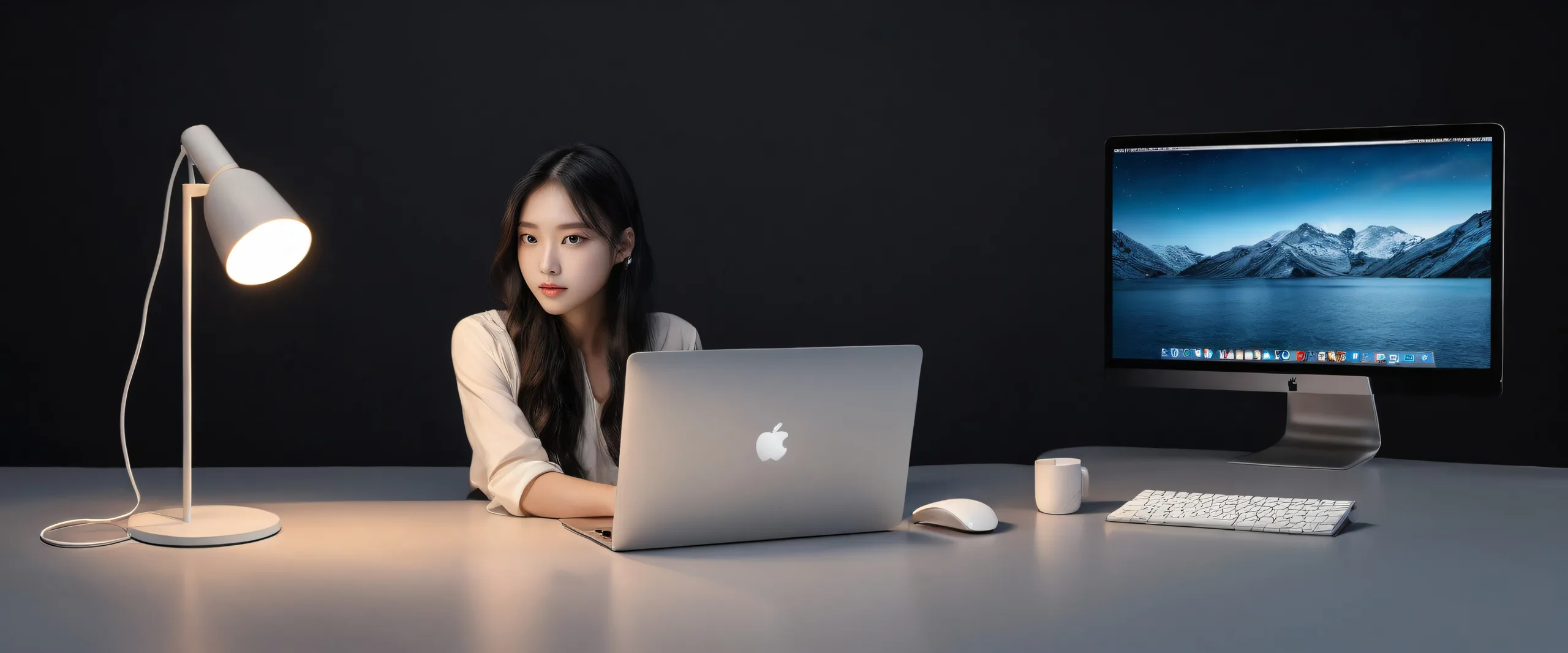 A pristine void with a girl against a deep blue background on a Desktop/PC screen.