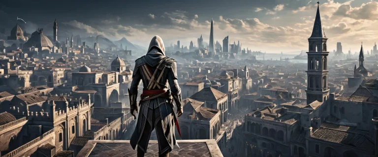 Epic desktop scene with Assassin's Creed characters in a pure void background on a Desktop/PC.