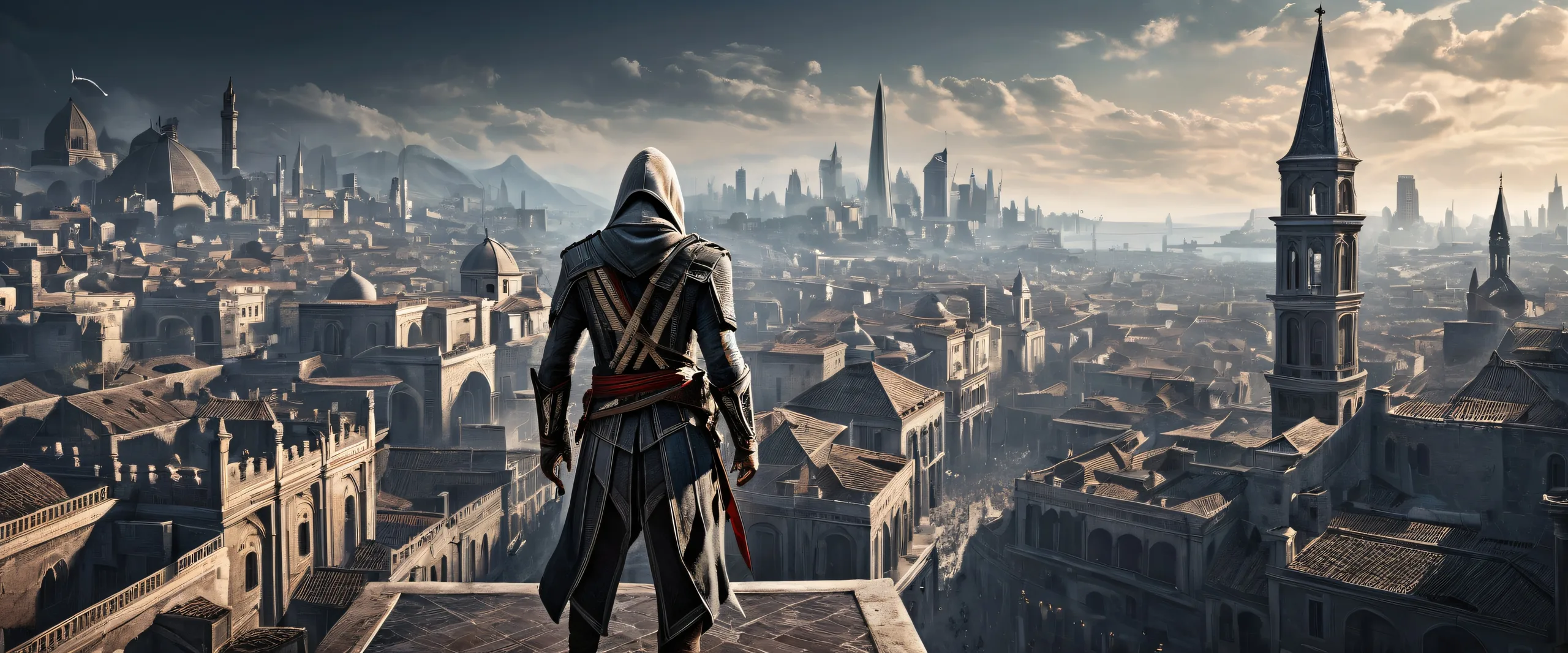 Epic desktop scene with Assassin's Creed characters in a pure void background on a Desktop/PC.