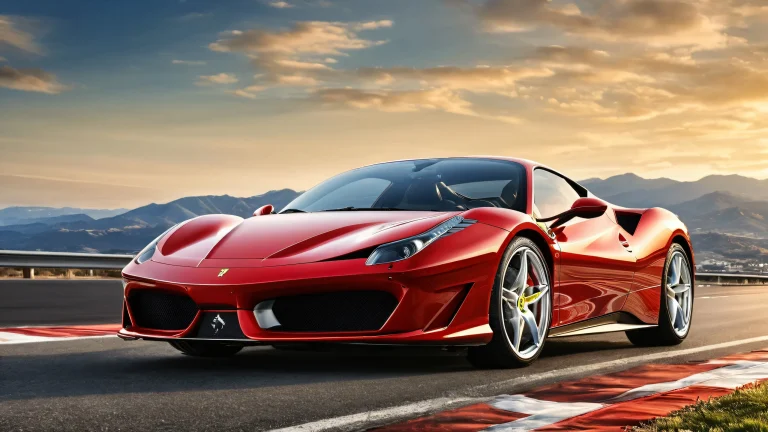 A stunning desktop wallpaper featuring a perfectly clean and vast pure void with extreme depth of field, allowing the sleek Ferrari to pop against the bright blue sky on a Desktop/PC.