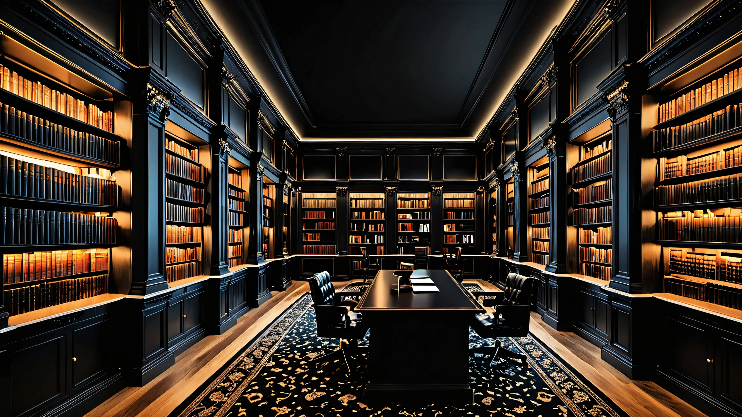 A serene and modern library desktop scene with a vast pure void, perfect for PC or Desktop use.