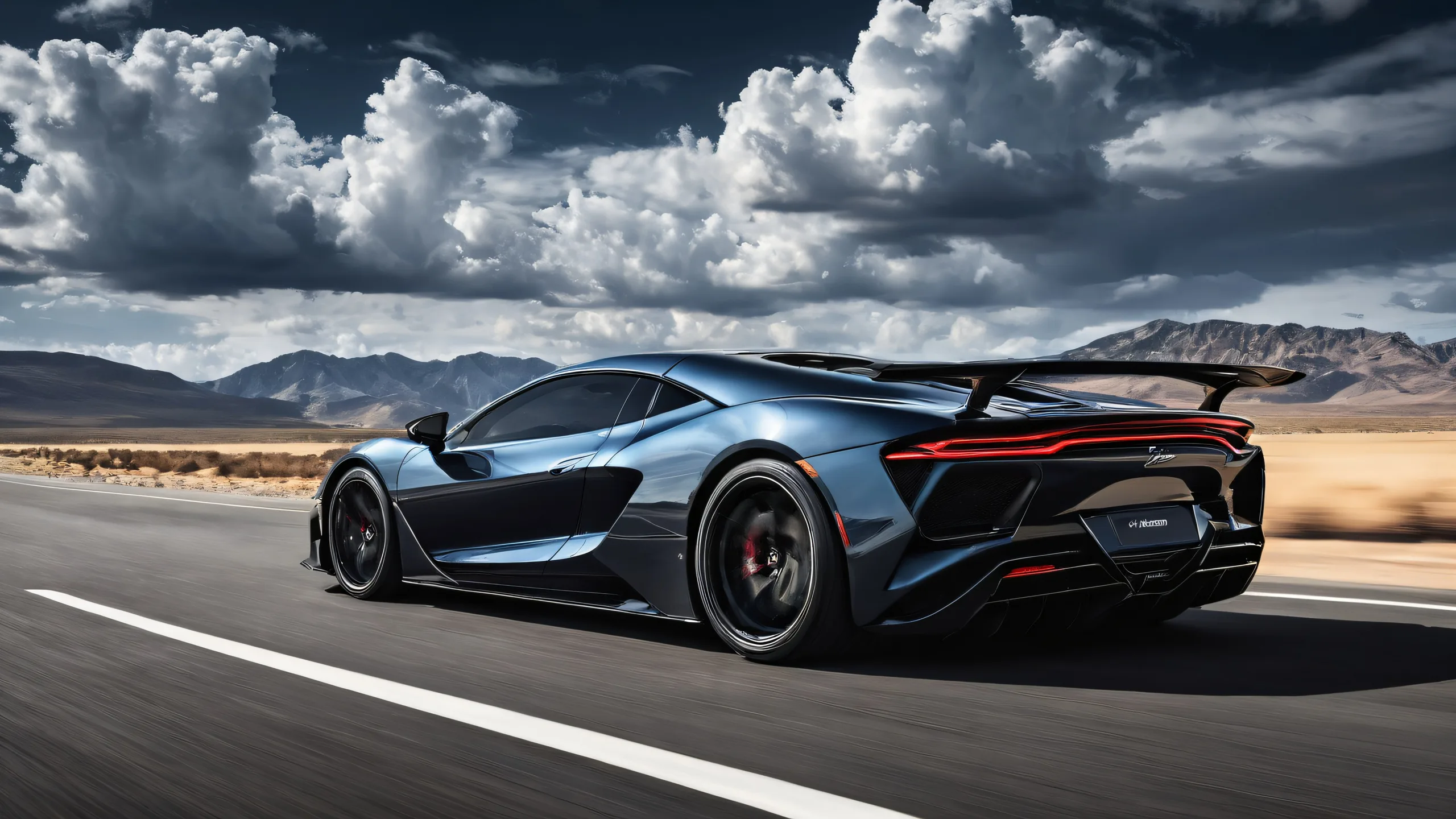 A sleek car on a vast, pure void desktop background, with subtle power lines and clouds in the distance for scale. Suitable for Desktop/PC.