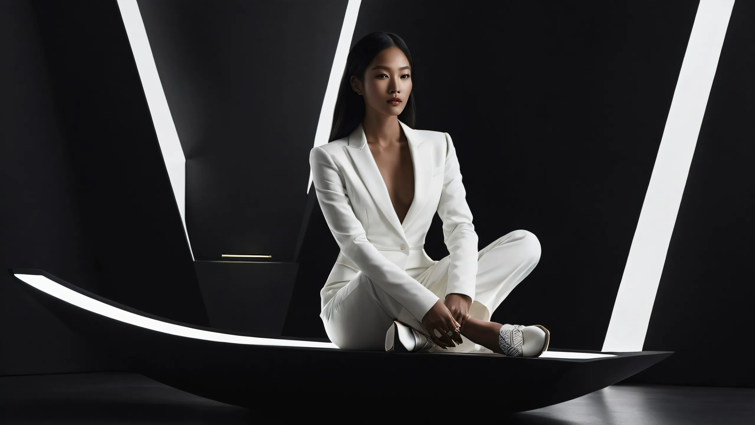 Epic Sleek Serenity in Darkness Desktop Wallpaper Women sitting amidst a vast, pure void on a dark mode desktop for PC and Desktop users.