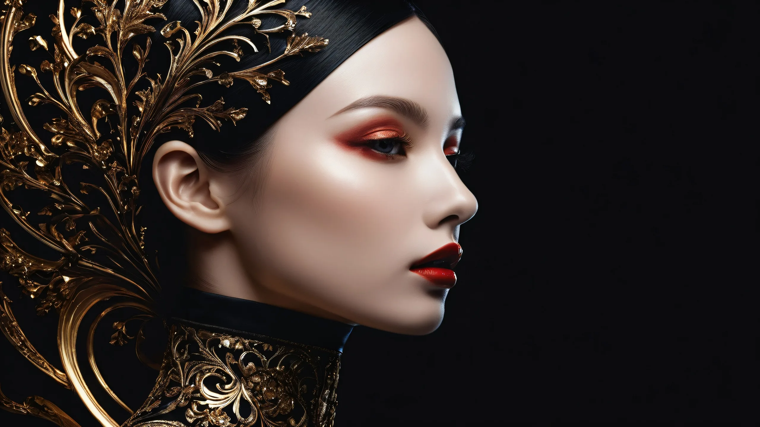 Woman surrounded by silver and white in a perfectly clean vast pure void on desktop/pc