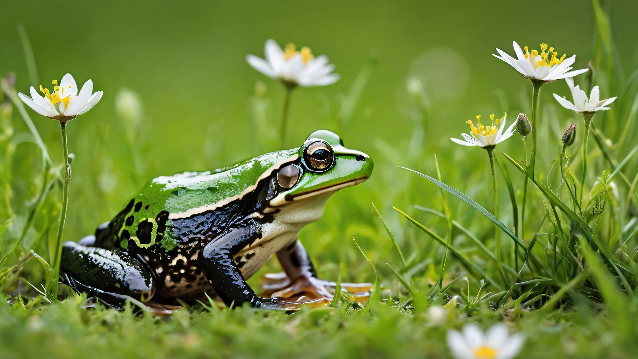 A desktop wallpaper featuring a frog in a pure void with soft wildflowers and green grass, perfect for a PC or laptop.