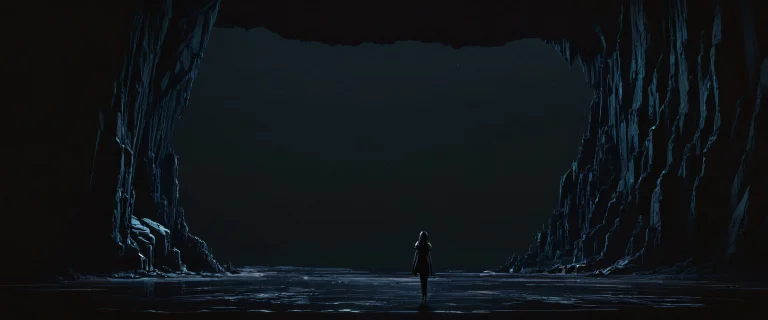 A girl stands alone in a vast void, surrounded by darkness and luminescent accents on a desktop or PC.