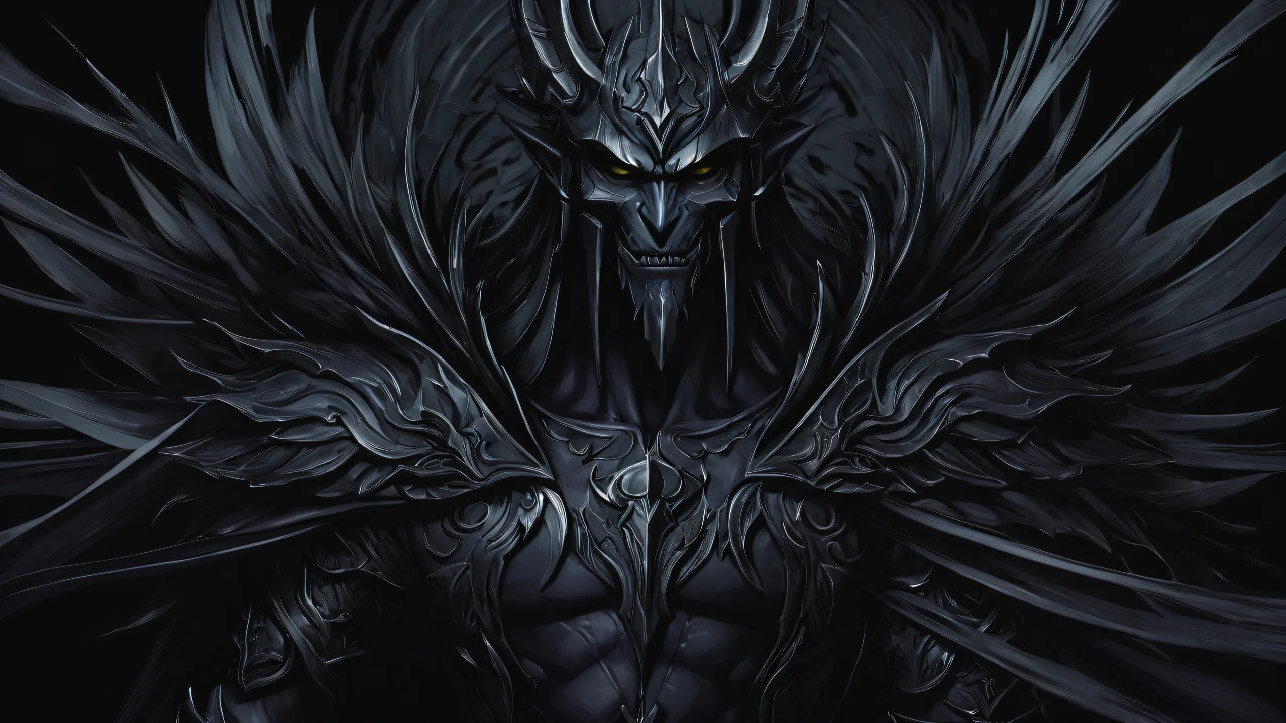 Close-up portrait of Deltarune Githyanki's sleek void on a desktop/PC background with perfect blacks and luminescent accents.