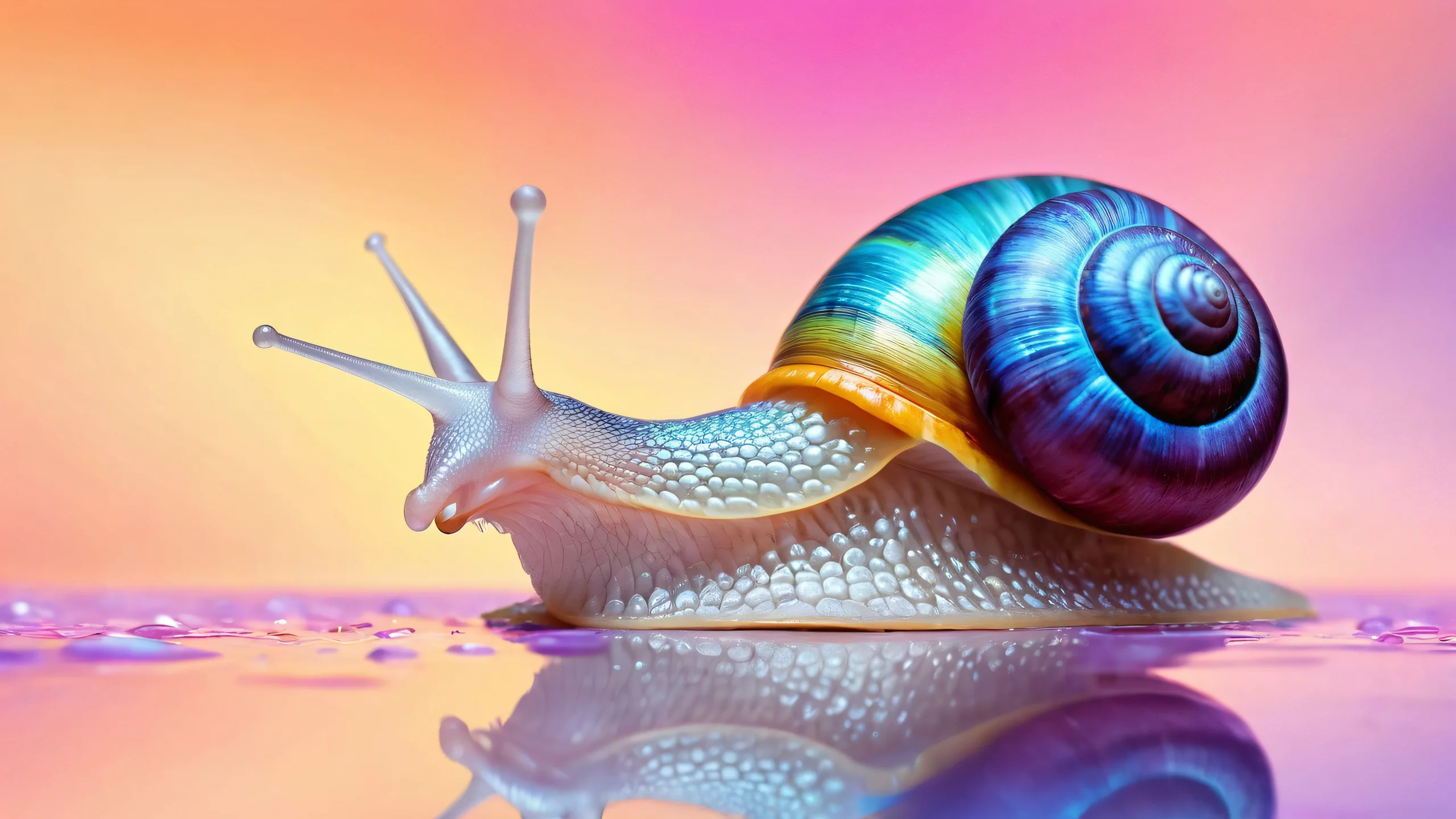 A snail exploring a vast pure void on a desktop or PC, perfect for those who appreciate ethereal lighting and radiant colors.