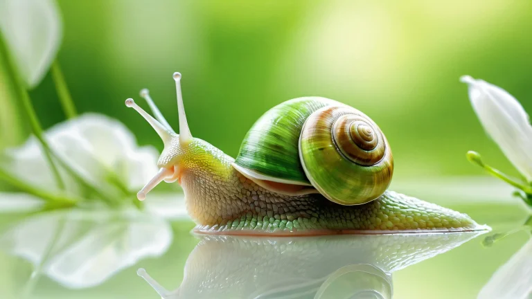 A beautiful Snail Desktop Wallpaper with radiant colors and reflections on a pristine void background for Desktop/PC