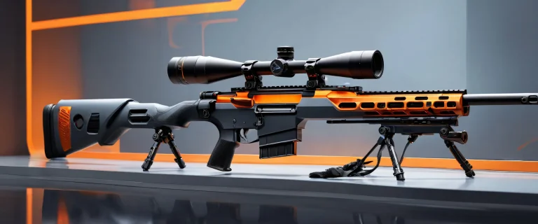 Sniper rifle on a pristine desert landscape with reflection on the barrel and a sense of depth, perfect for a desktop or PC background.