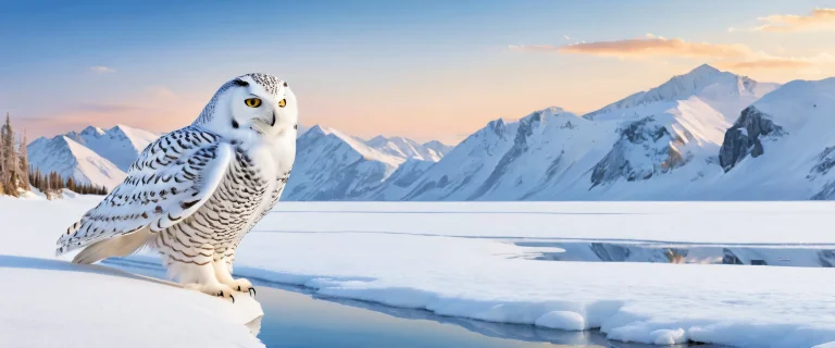 A majestic snowy owl tracking lemming movement across a pristine, vast, and pure void with subtle crack patterns and frozen lake reflection on a Desktop/PC.