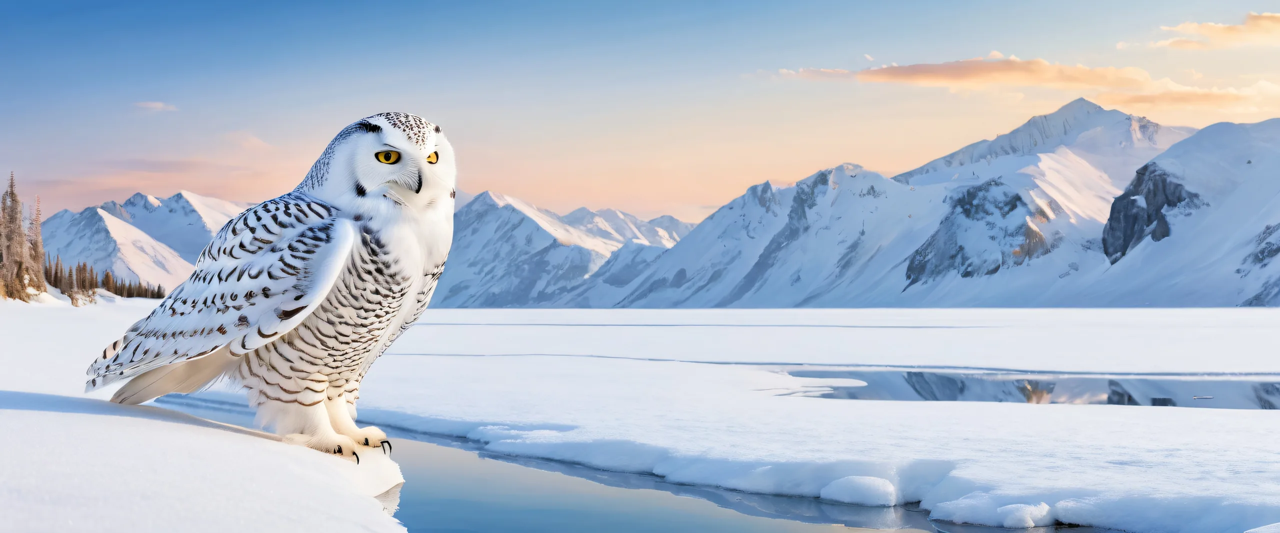 A majestic snowy owl tracking lemming movement across a pristine, vast, and pure void with subtle crack patterns and frozen lake reflection on a Desktop/PC.