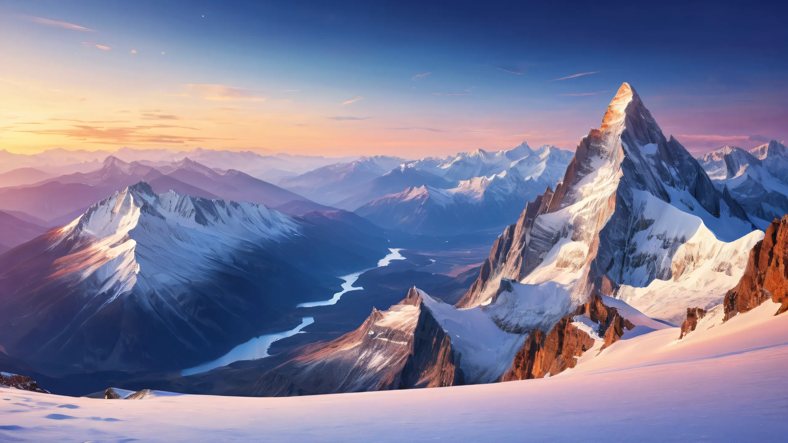 Serene snowy mountainous landscape for desktop/pc, featuring pristine void and radiant colors.