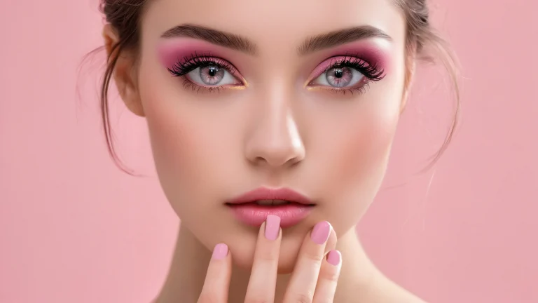 A softly focused pastel pink portrait of a woman on a dark mode desktop or PC background.