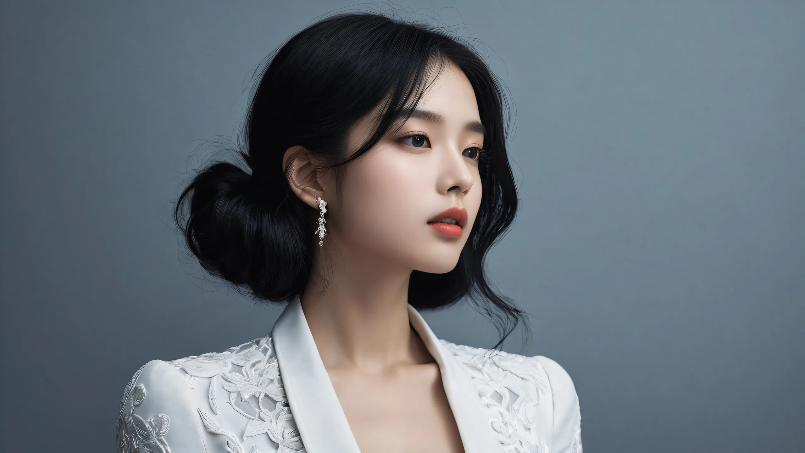 Girl in a pristine void with sleek dark mode aesthetic on Desktop/PC.