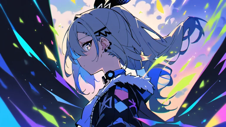 A lone girl gazes at the viewer against a minimalist background of a bright and airy pure void, showcasing her majestic silver wolf companion, perfectly clean with vivid colors.