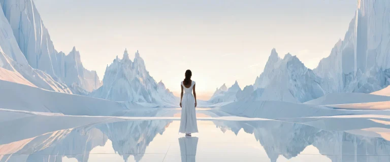 A serene and peaceful scene of a solitary woman amidst a vast, pure void on a desktop or PC, evoking a sense of melancholic contemplation.