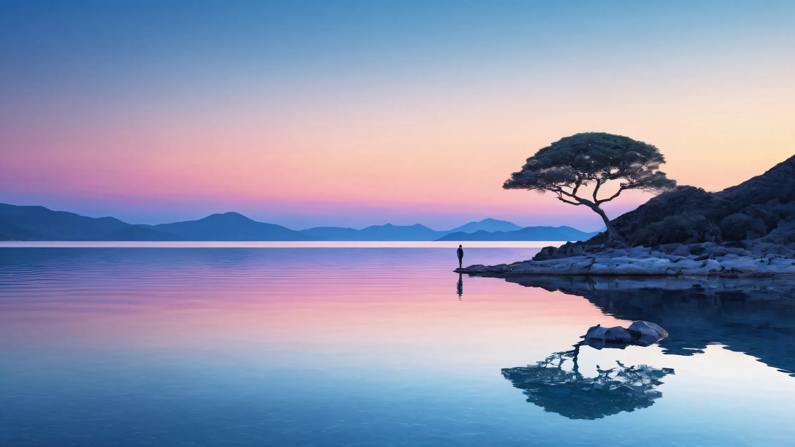 A serene desktop scene featuring a solitary figure standing at the edge of a vast pure void, with a distant twilight sky and calm water reflecting a symmetrical mirrored image. Suitable for Desktop/PC use.
