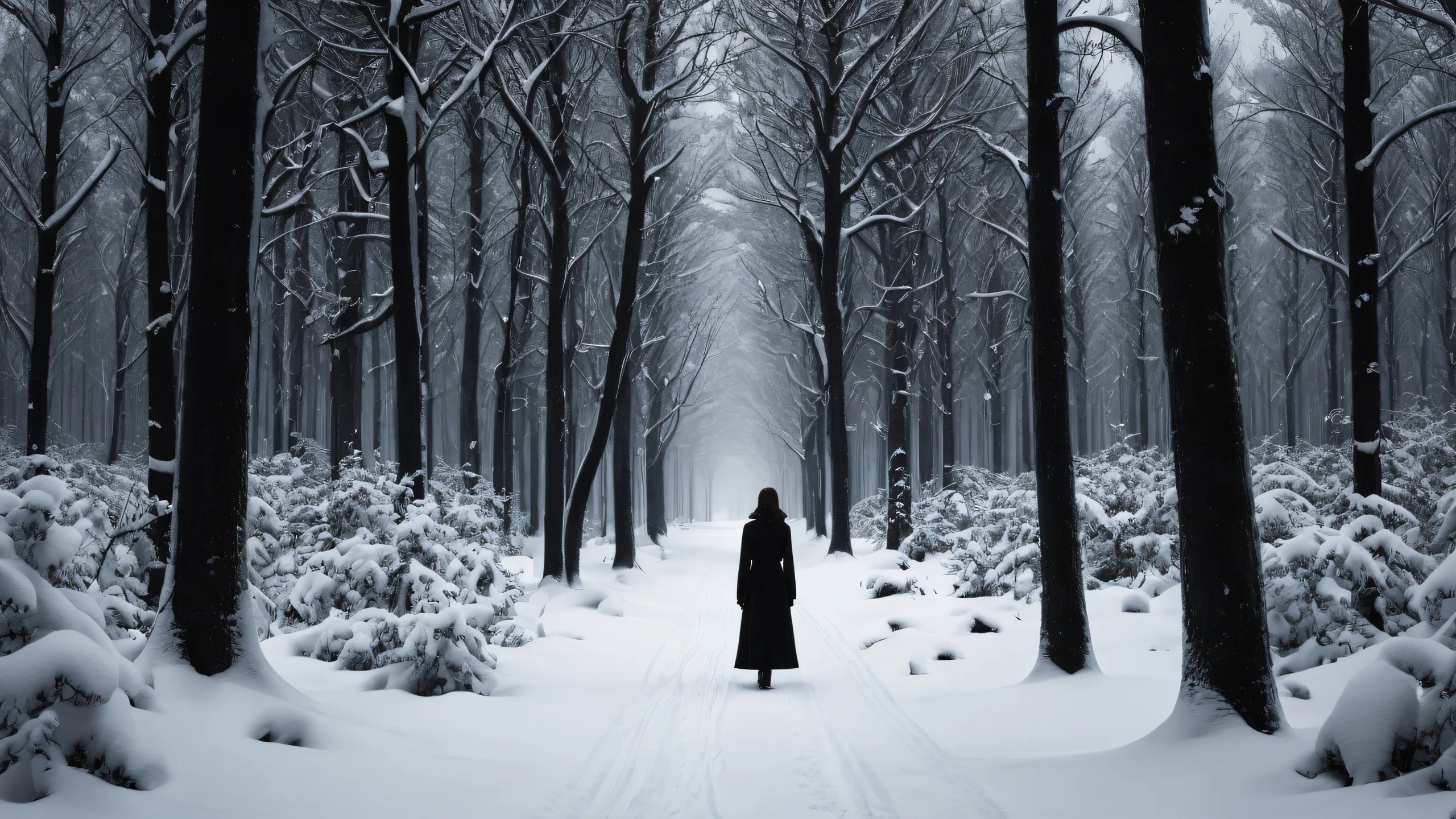 A serene and mystical winter forest scene on a dark mode desktop or PC, featuring a solitary woman amidst the desolate trees.