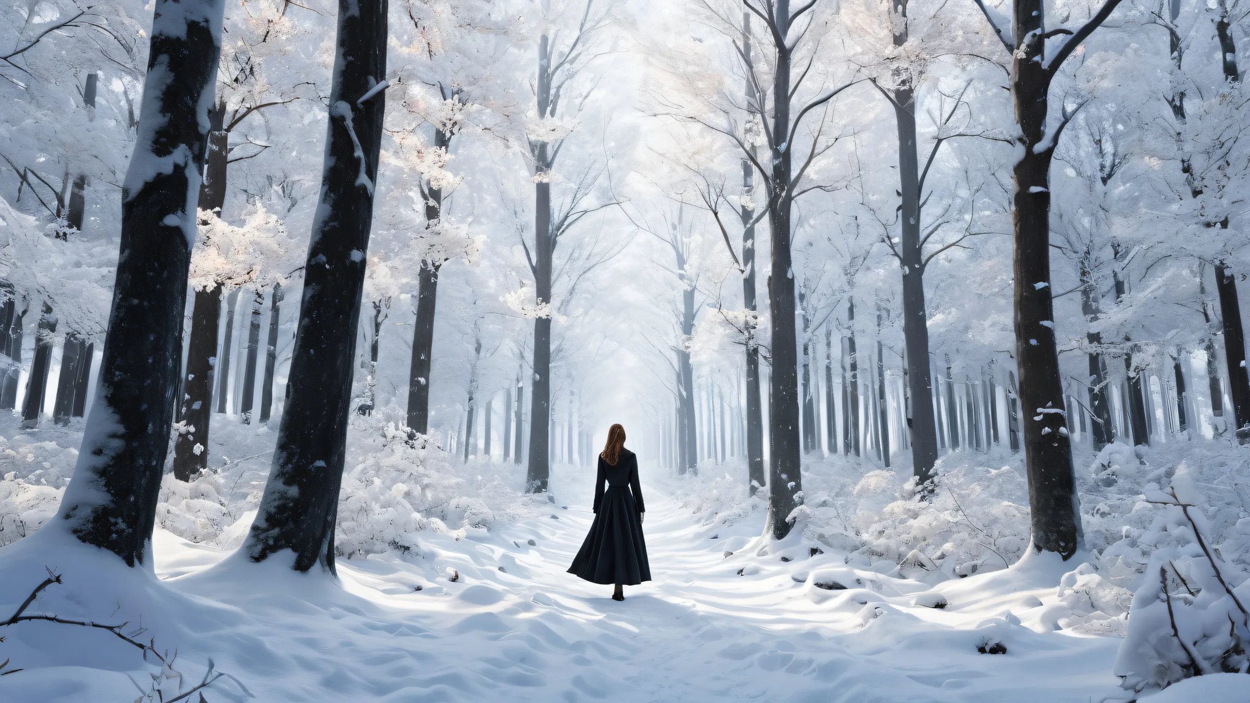 A serene and isolated woman surrounded by a vast, pristine void, evoking a sense of contemplation and peace on a desktop or PC.