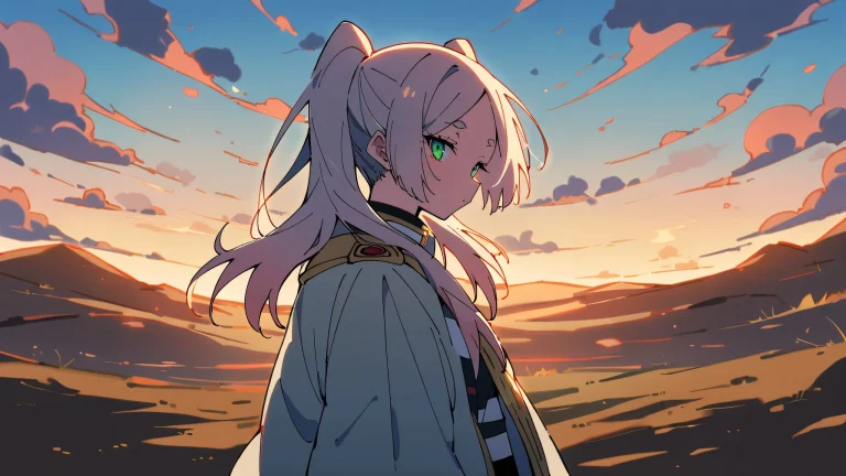 A lone anime girl sits on a cliff overlooking a vast, open barren land with a perfectly clean and pure void in the background. Suitable for desktop/PC.