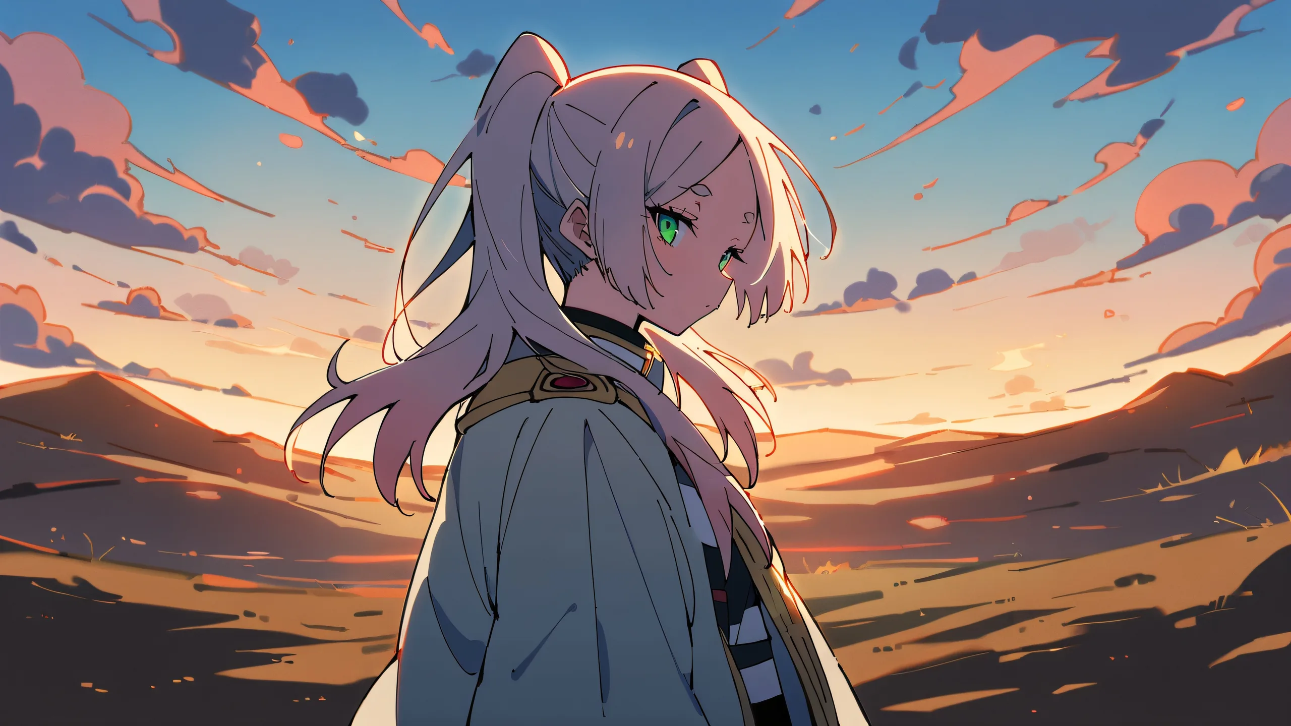 A lone anime girl sits on a cliff overlooking a vast, open barren land with a perfectly clean and pure void in the background. Suitable for desktop/PC.