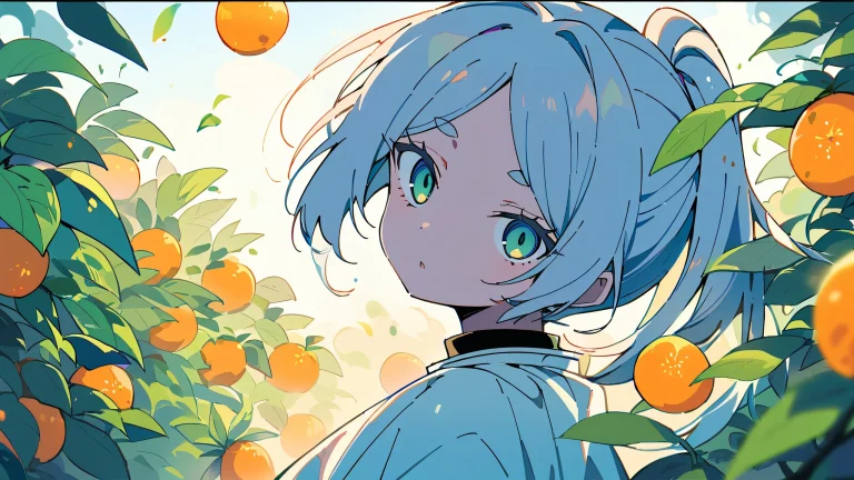 A lone girl gazing at the viewer against a bright and airy, perfectly clean vast pure void backdrop with extreme depth of field, featuring blues, greens, and oranges hues.